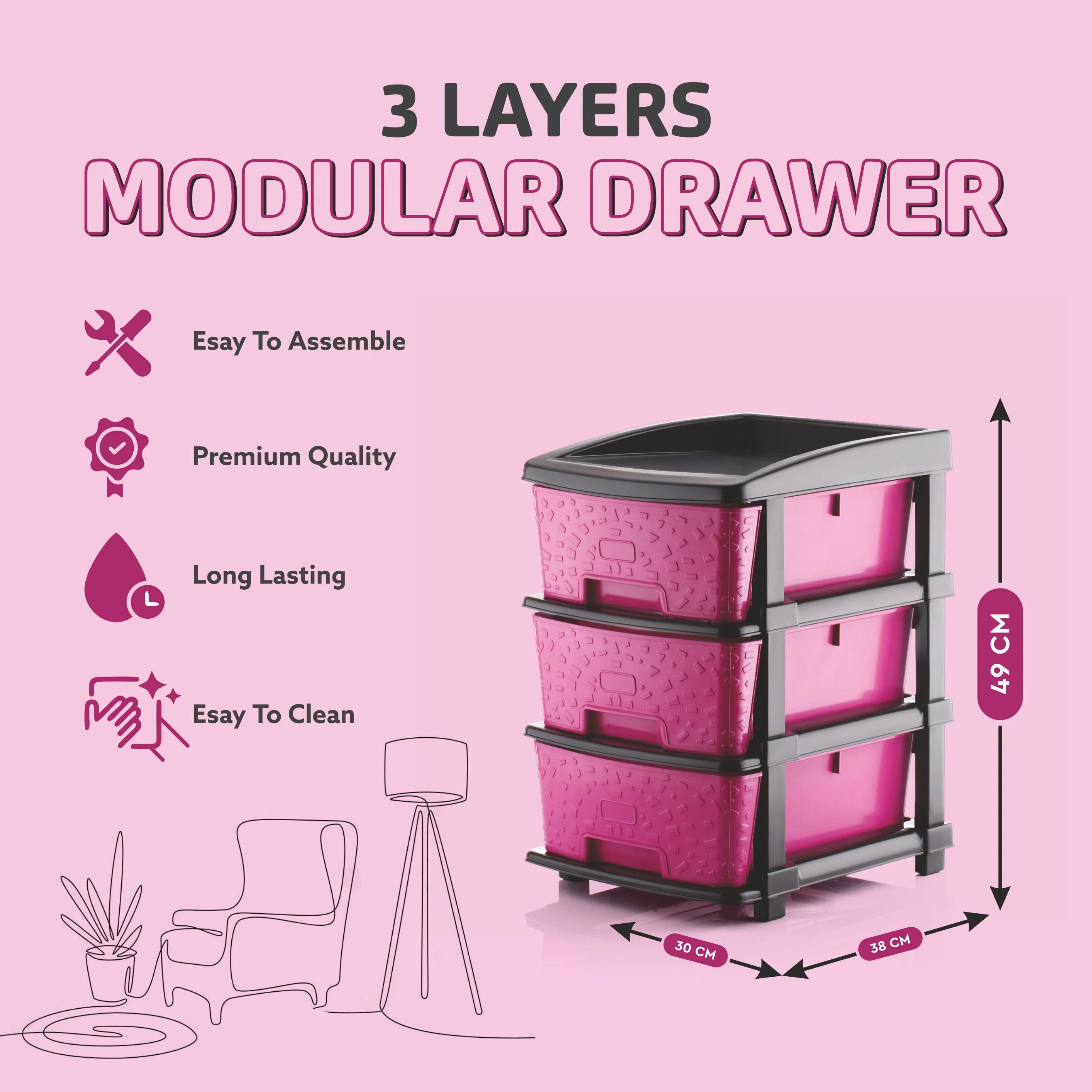 PALAK 3XL Stone Drawer Storage Unit (Pink)