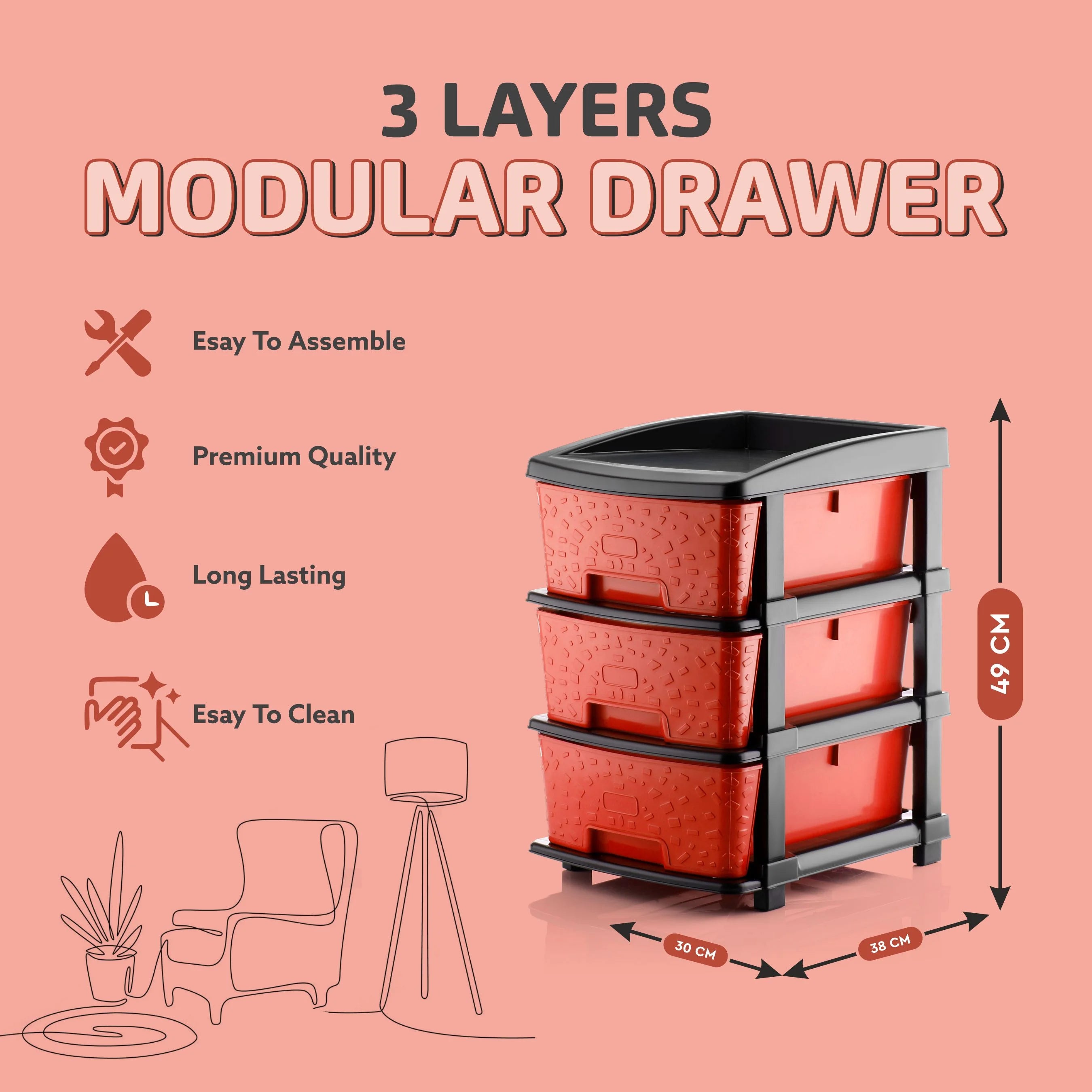 PALAK 3XL Stone Drawer Storage Unit (Red)