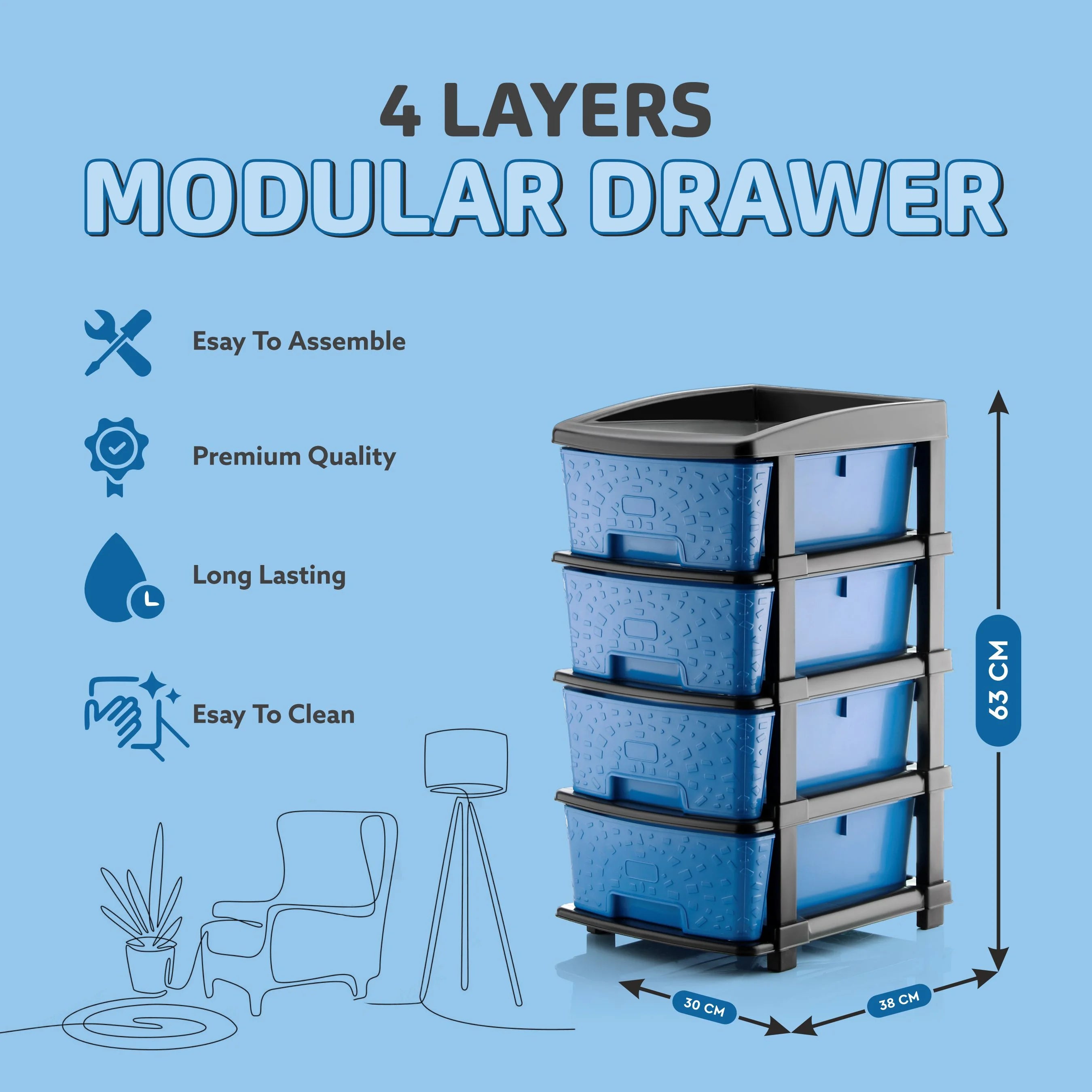 PALAK 4XL Stone Drawer Storage Unit (Blue)