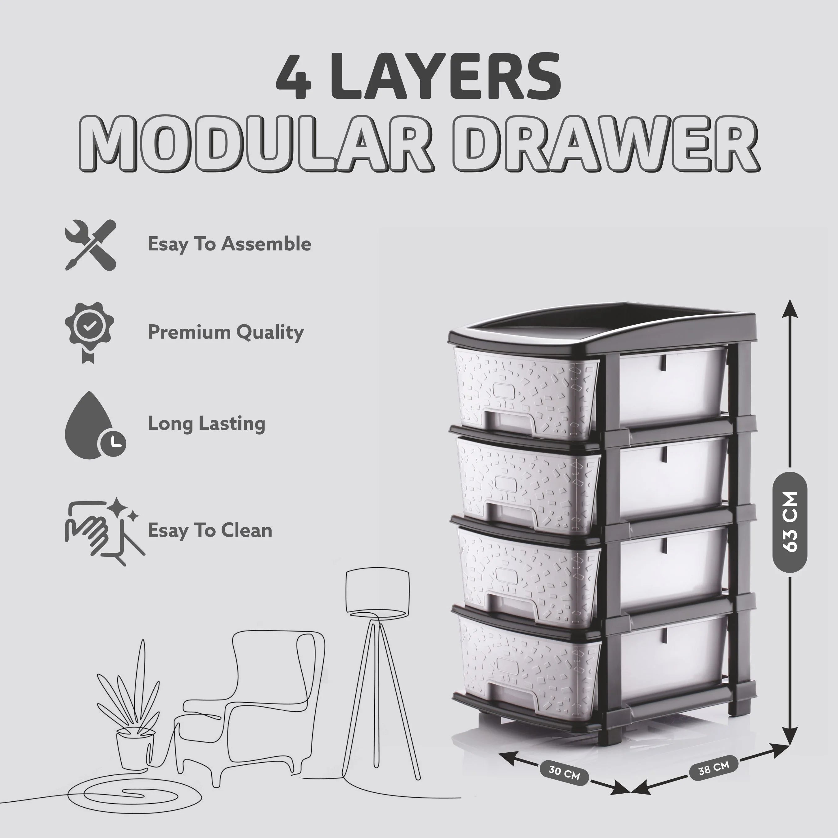 PALAK 4XL Stone Drawer Storage Unit (Grey)