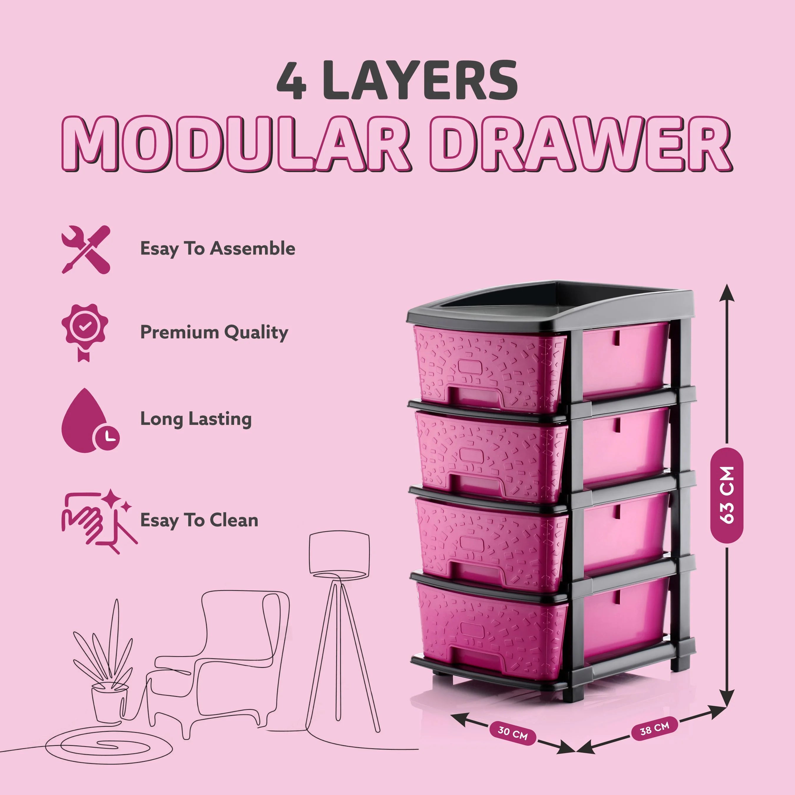 PALAK 4XL Stone Drawer Storage Unit (Pink)