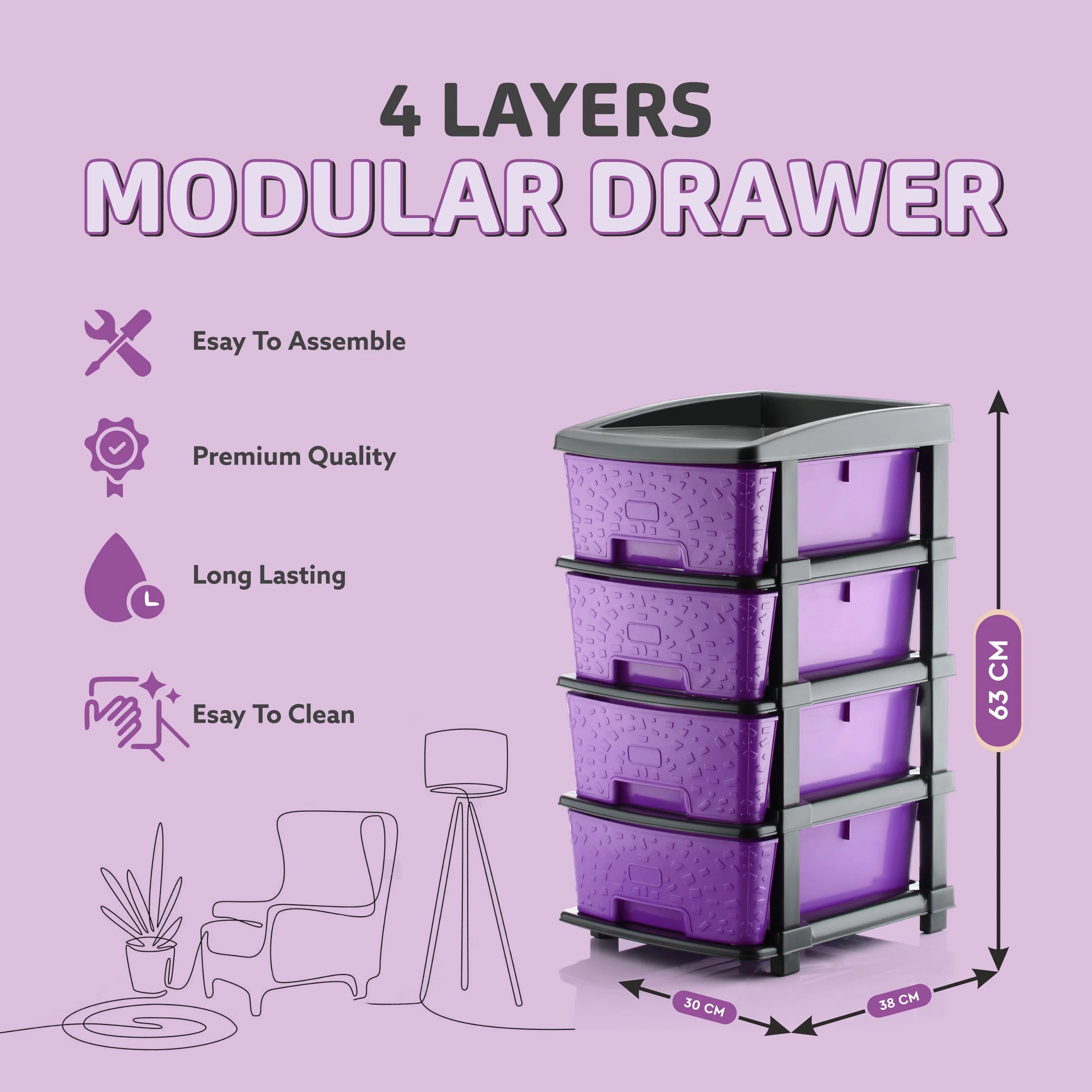 PALAK 4XL Stone Drawer Storage Unit (Purple)