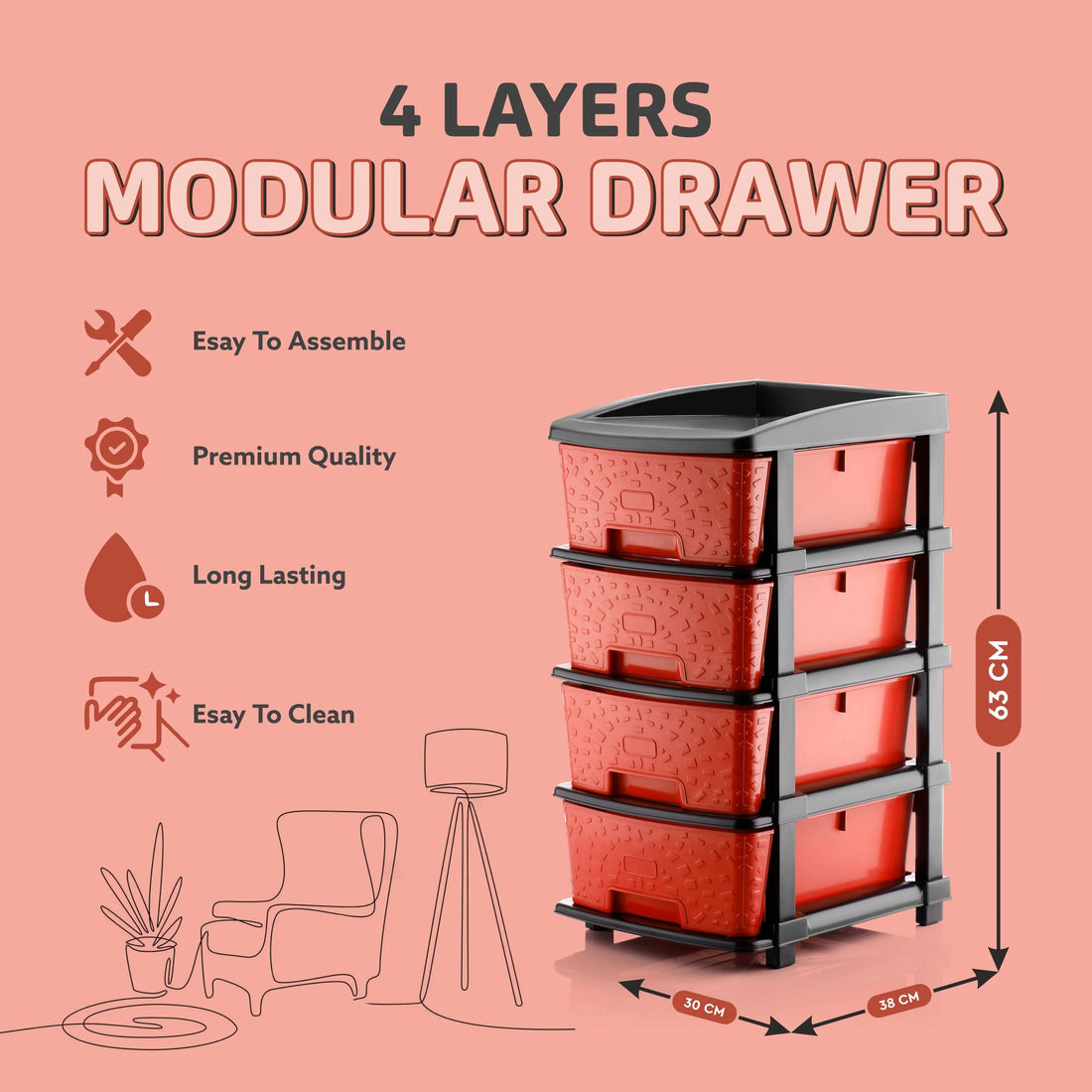PALAK 4XL Stone Drawer Storage Unit (Red)