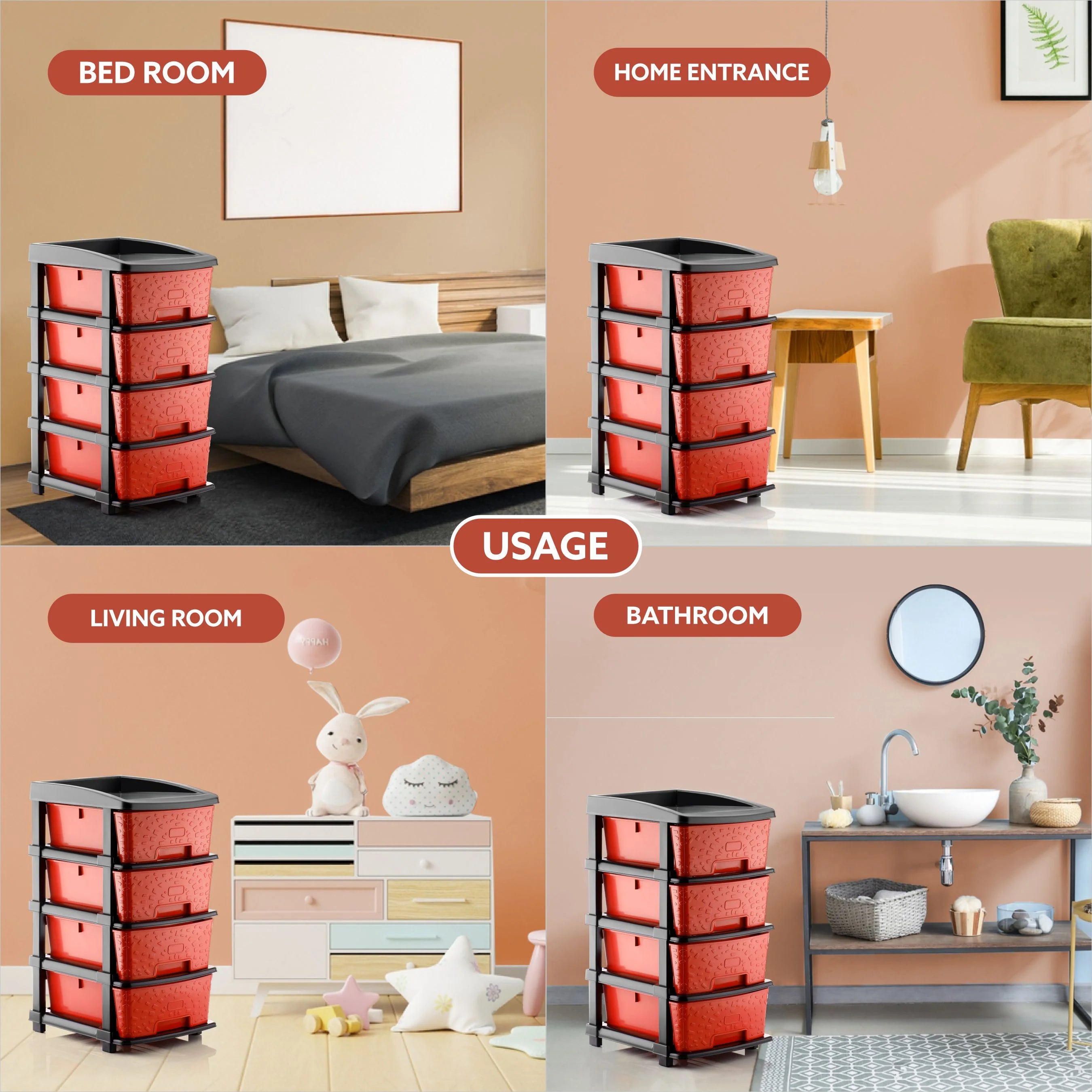 PALAK 4XL Stone Drawer Storage Unit (Red)