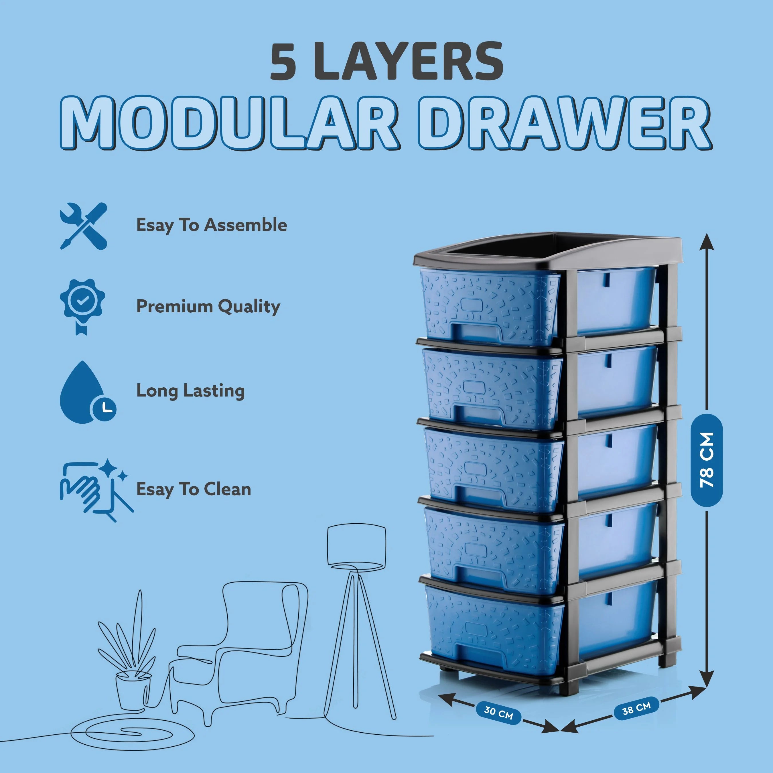 PALAK 5XL Stone Drawer Storage Unit (Blue)