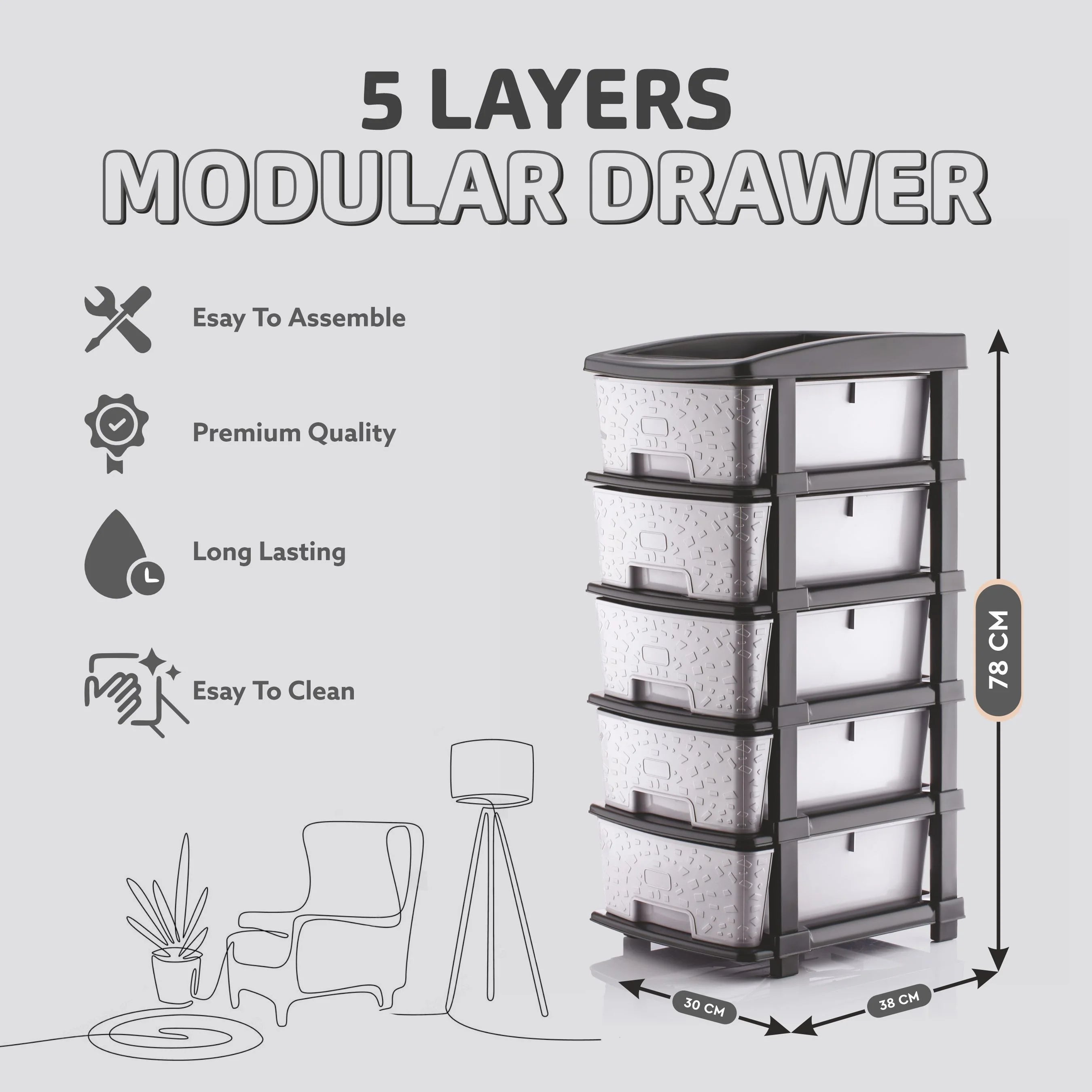 PALAK 5XL Stone Drawer Storage Unit (Grey)
