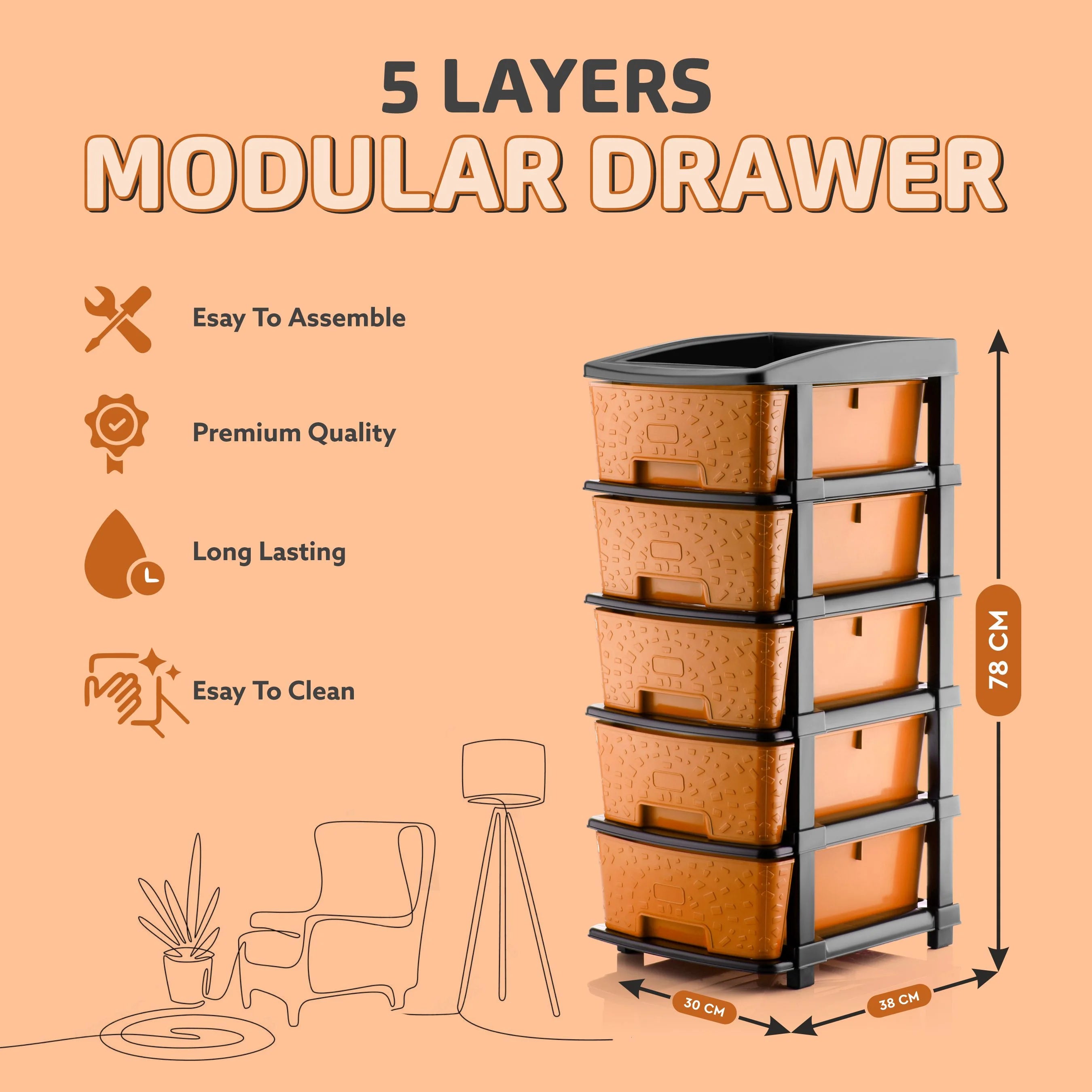PALAK 5XL Stone Drawer Storage Unit (Orange)