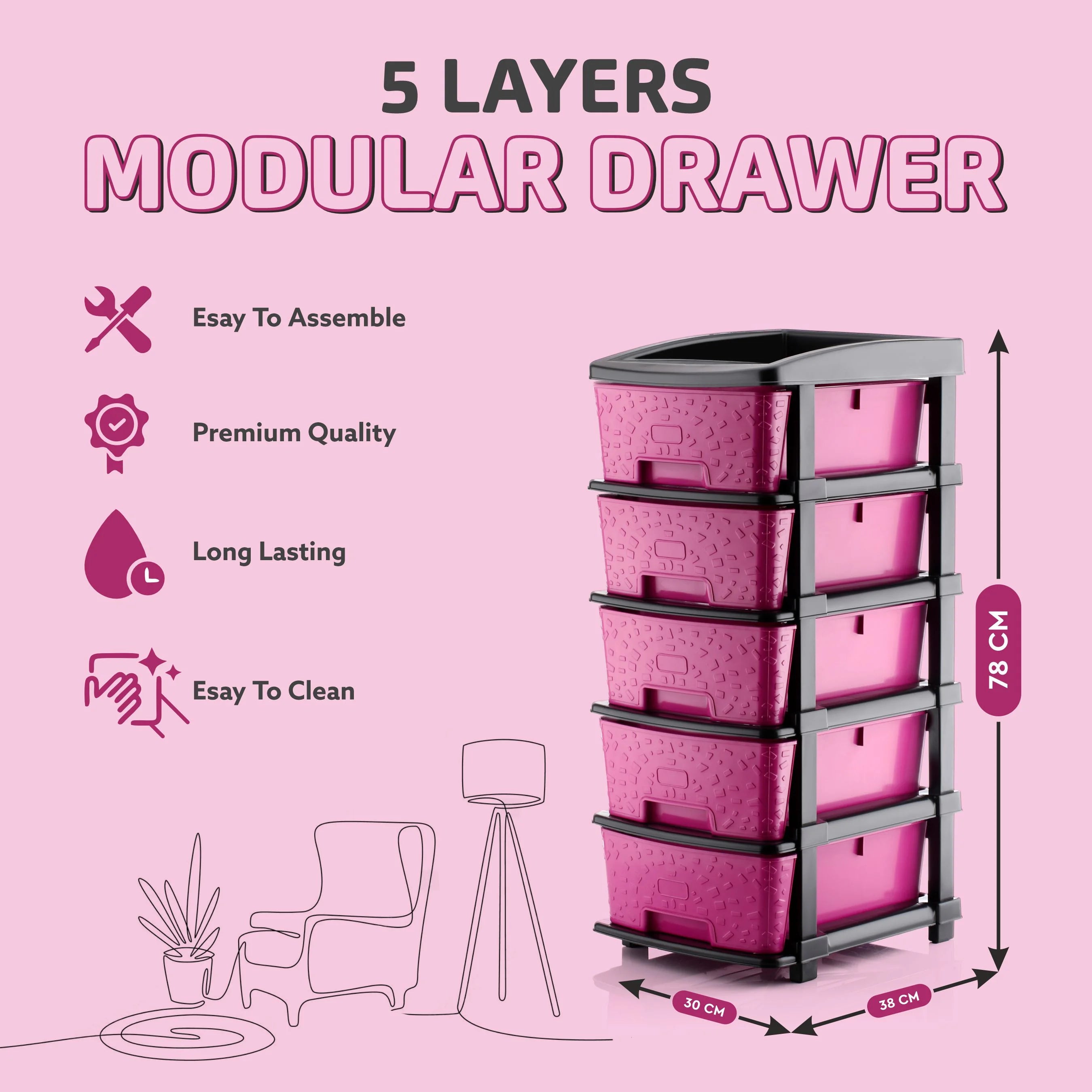 PALAK 5XL Stone Drawer Storage Unit (Pink)