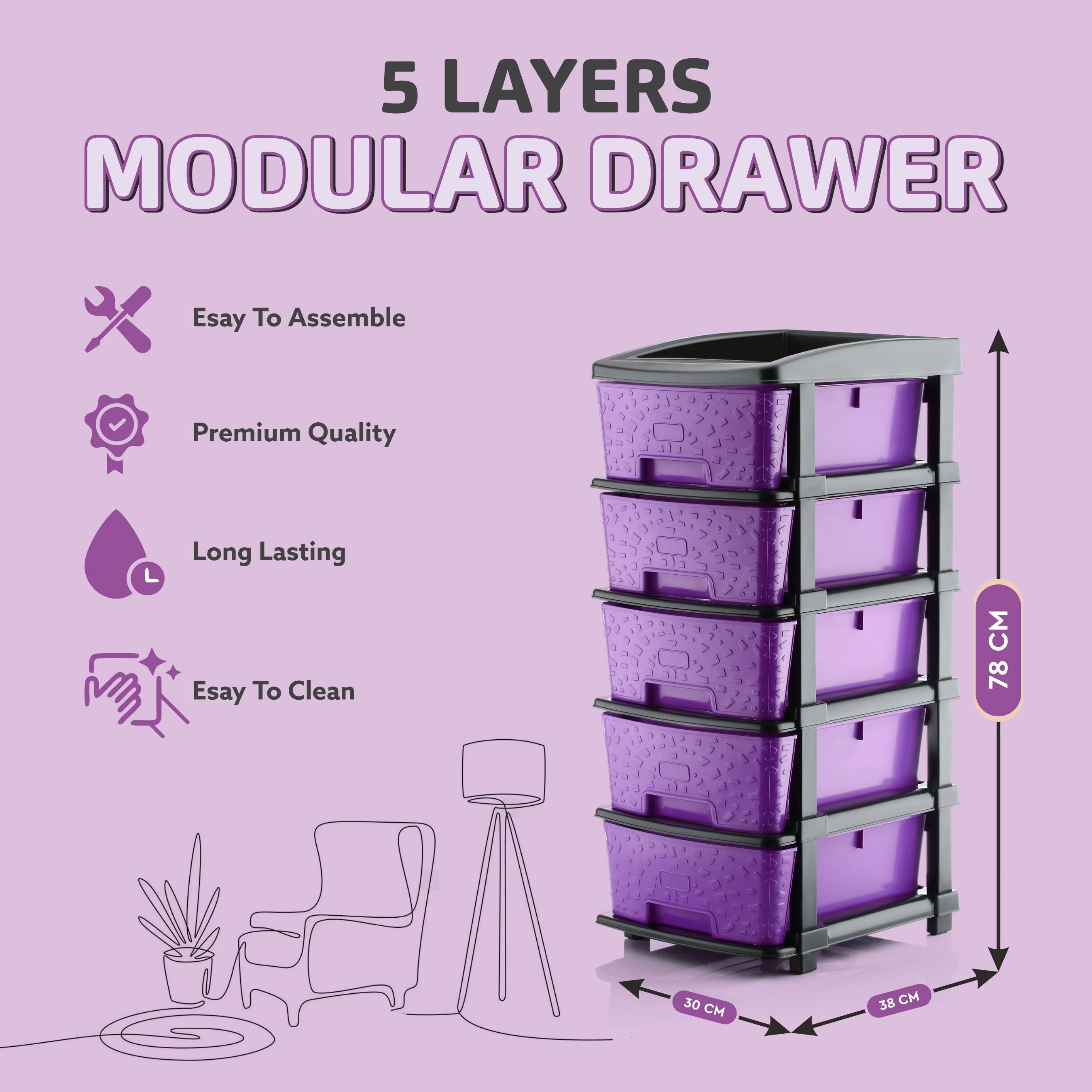 PALAK 5XL Stone Drawer Storage Unit (Purple)
