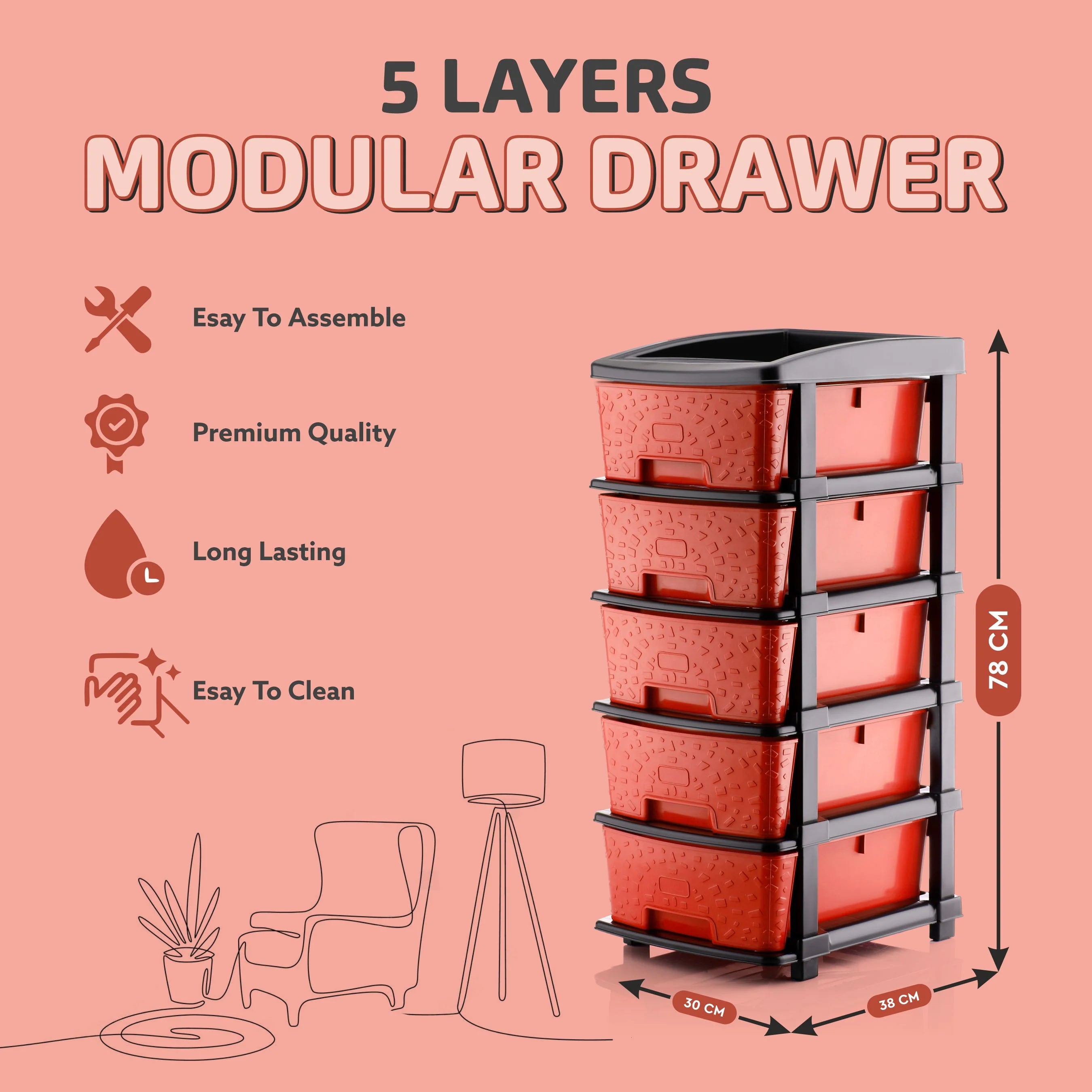 PALAK 5XL Stone Drawer Storage Unit (Red)