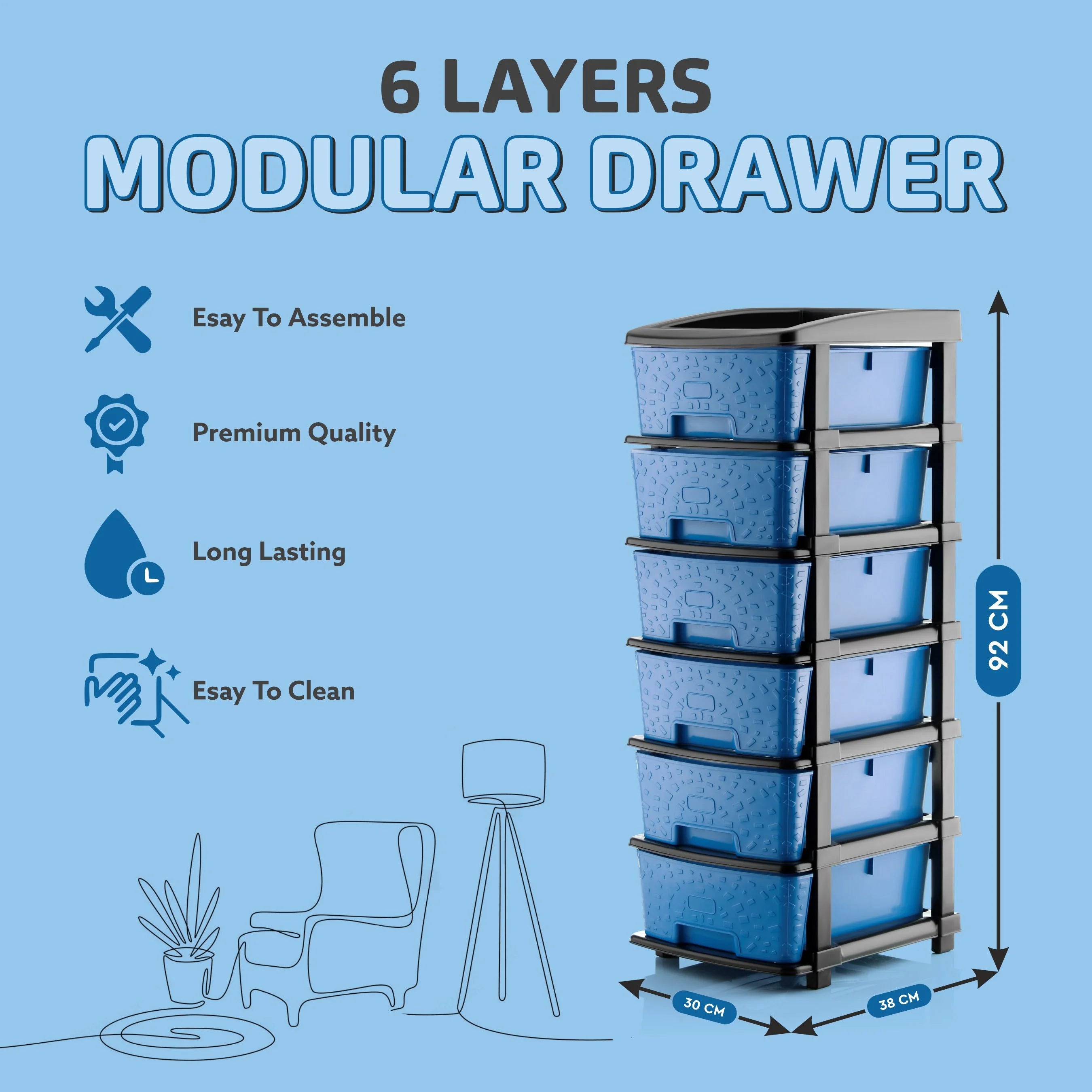 PALAK 6XL Stone Drawer Storage Unit (Blue)