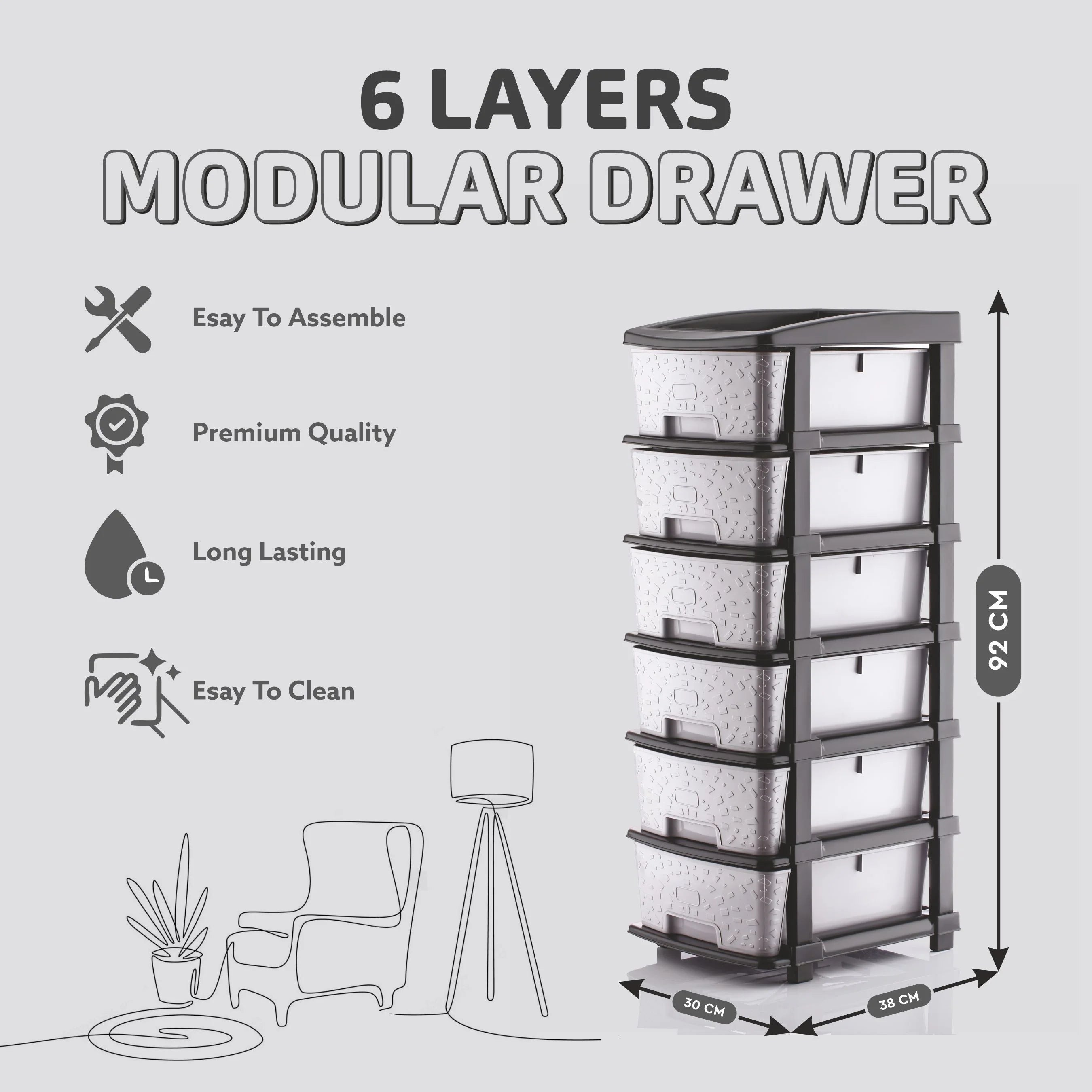 PALAK 6XL Stone Drawer Storage Unit (Grey)