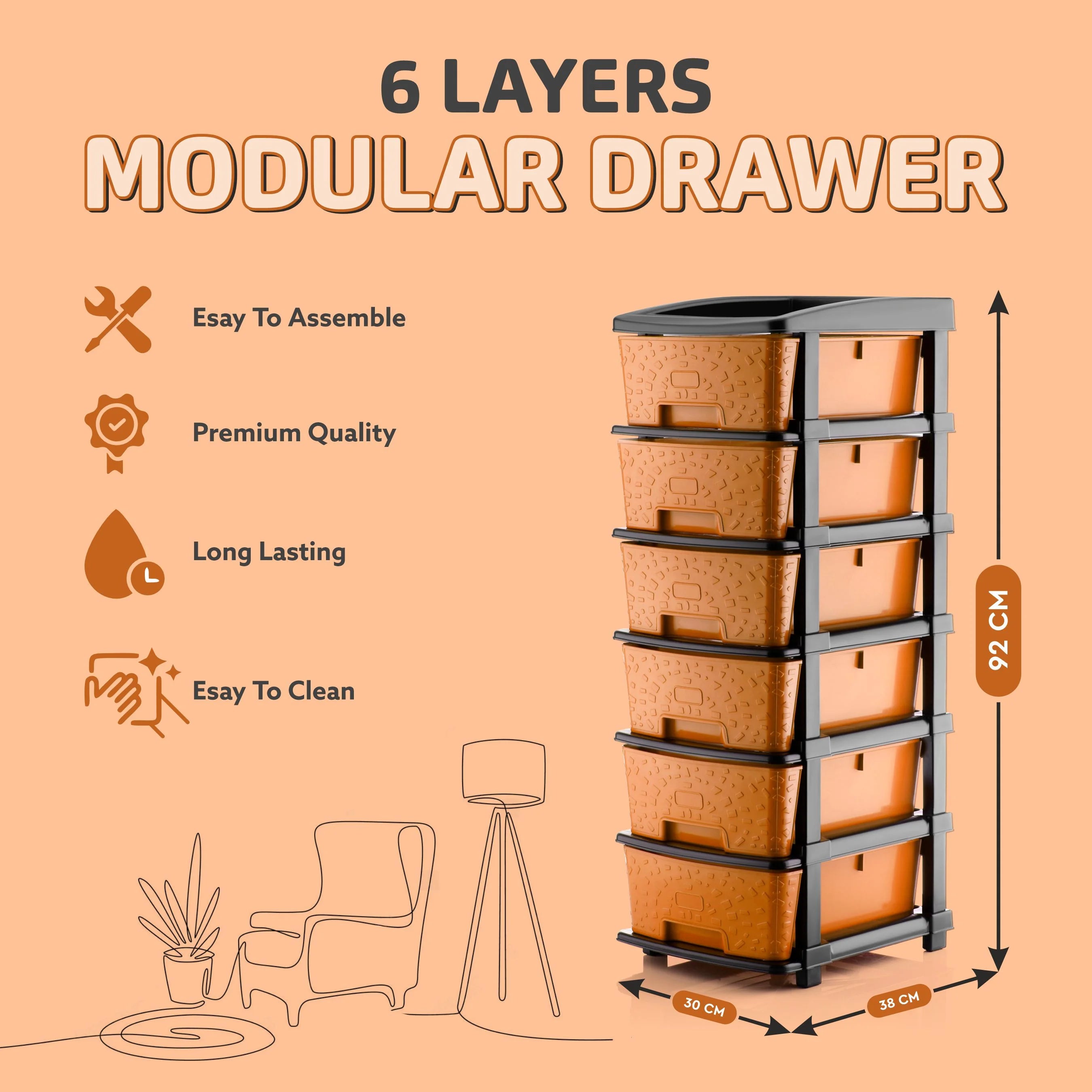 PALAK 6XL Stone Drawer Storage Unit (Orange)