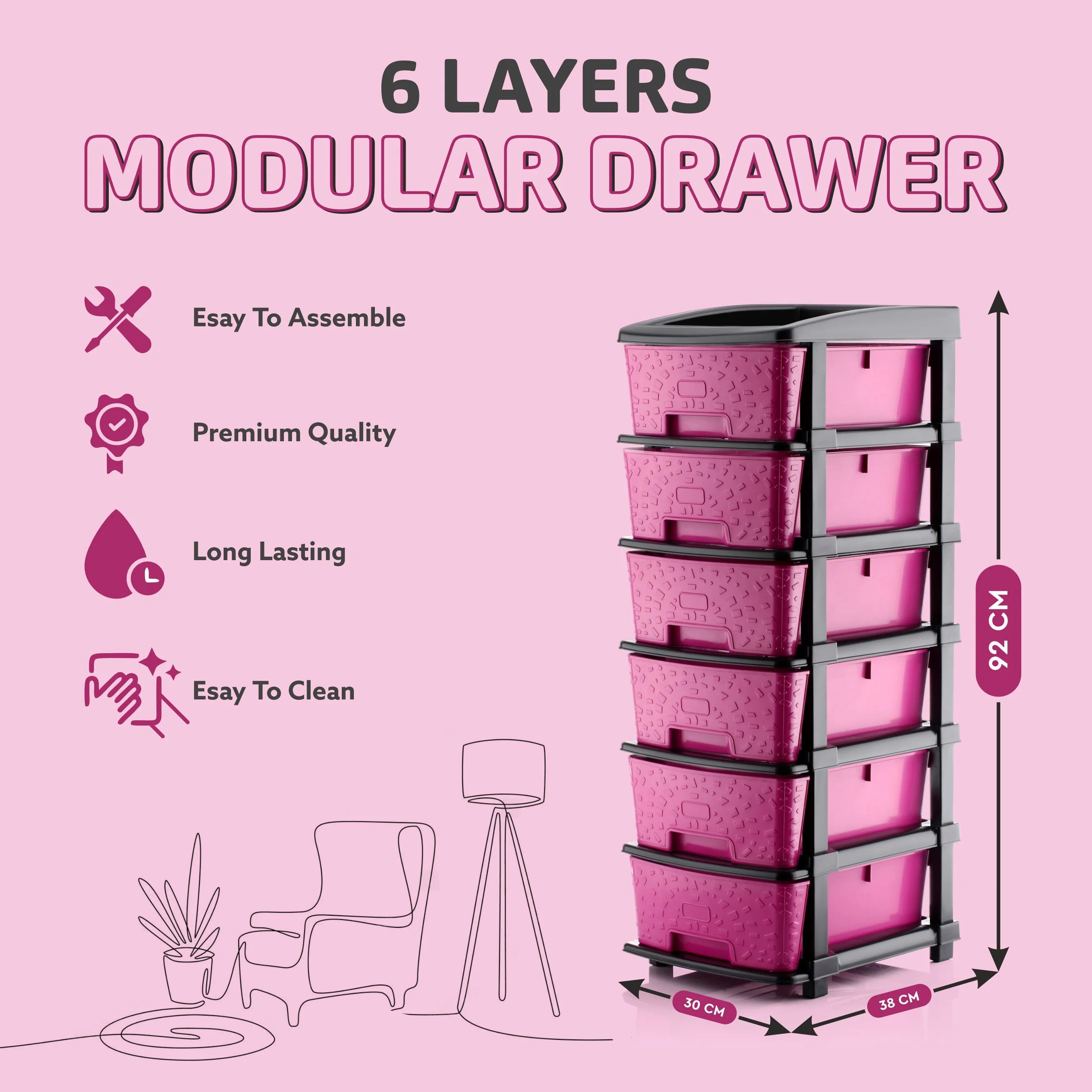 PALAK 6XL Stone Drawer Storage Unit (Pink)