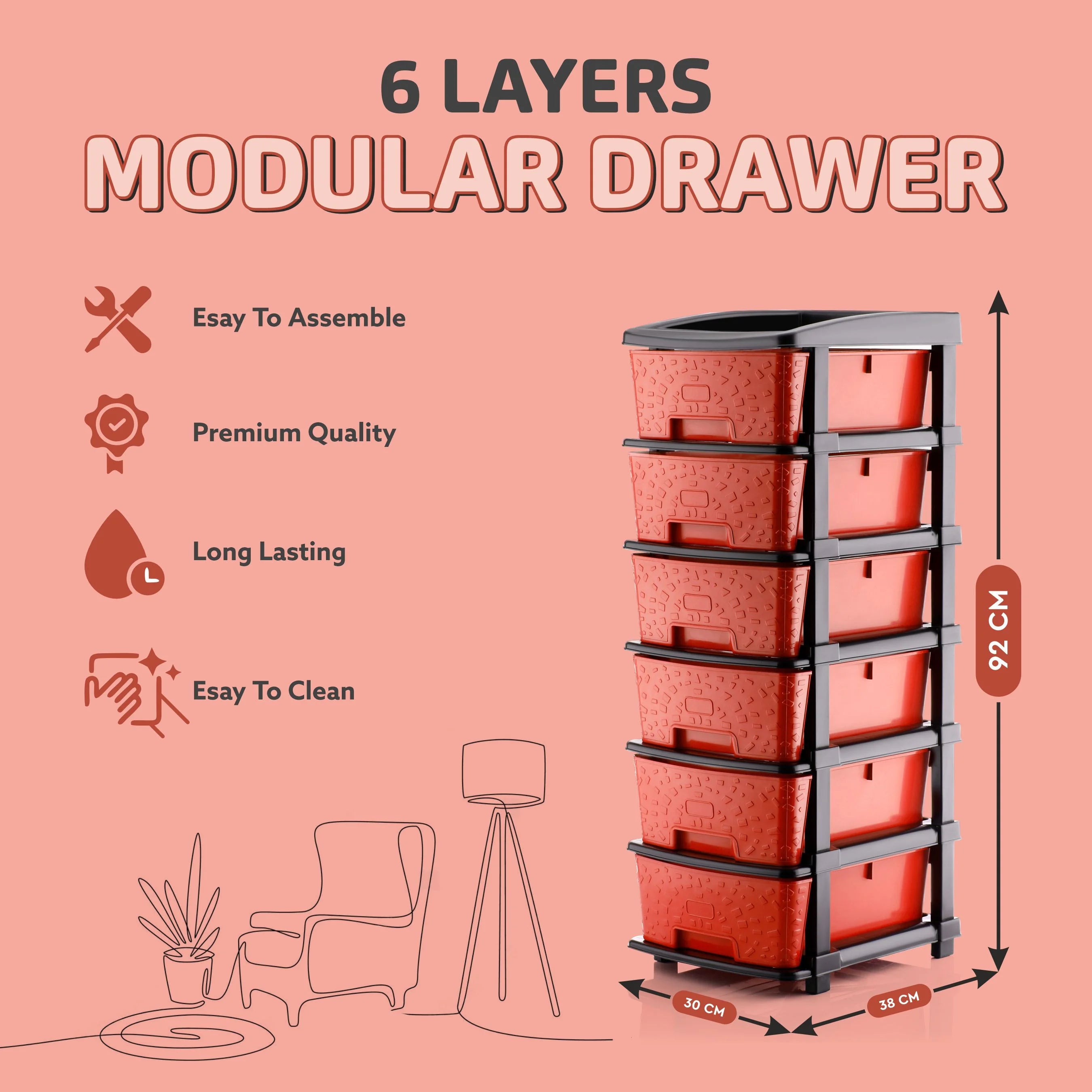 PALAK 6XL Stone Drawer Storage Unit (Red)