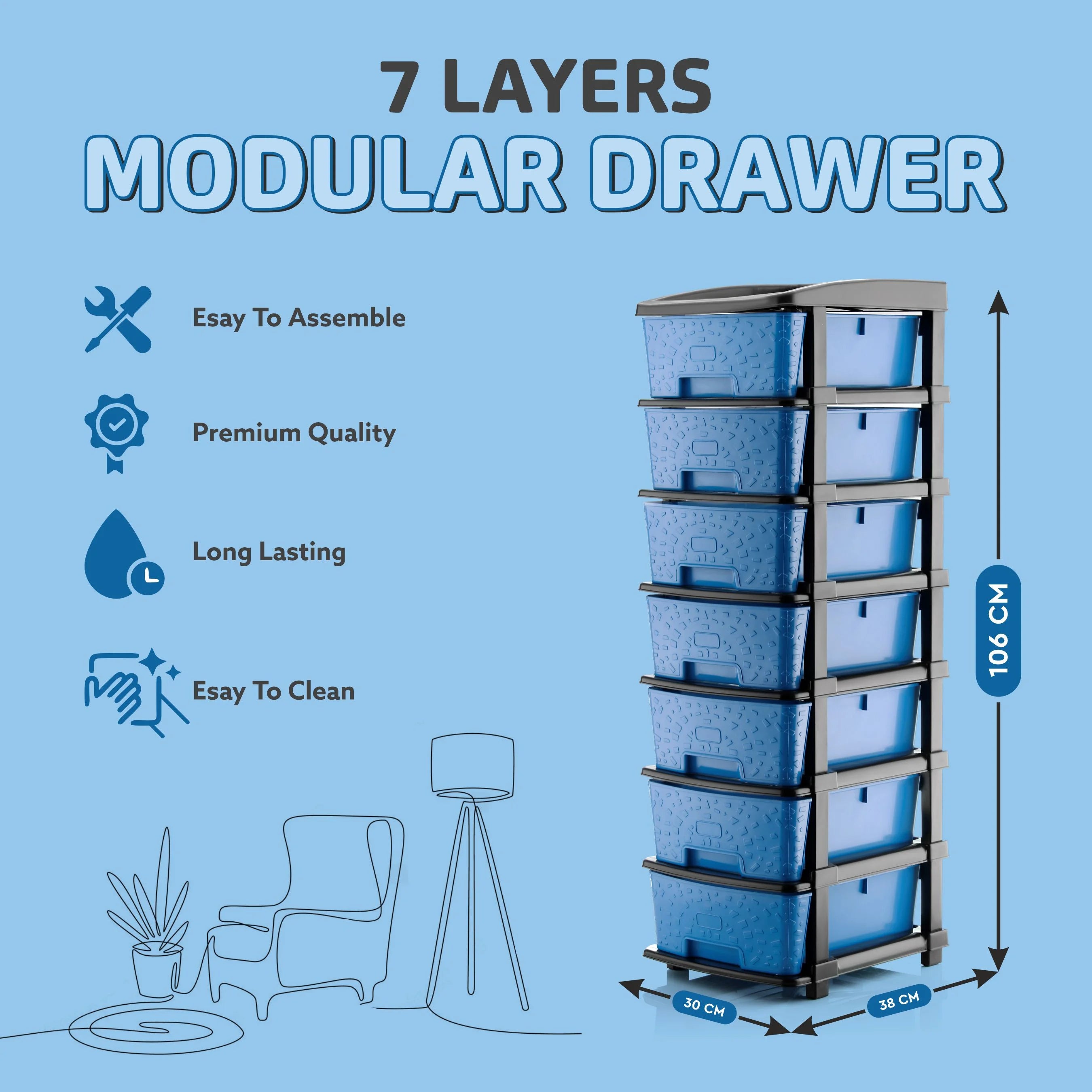 PALAK 7XL Stone Drawer Storage Unit (Blue)