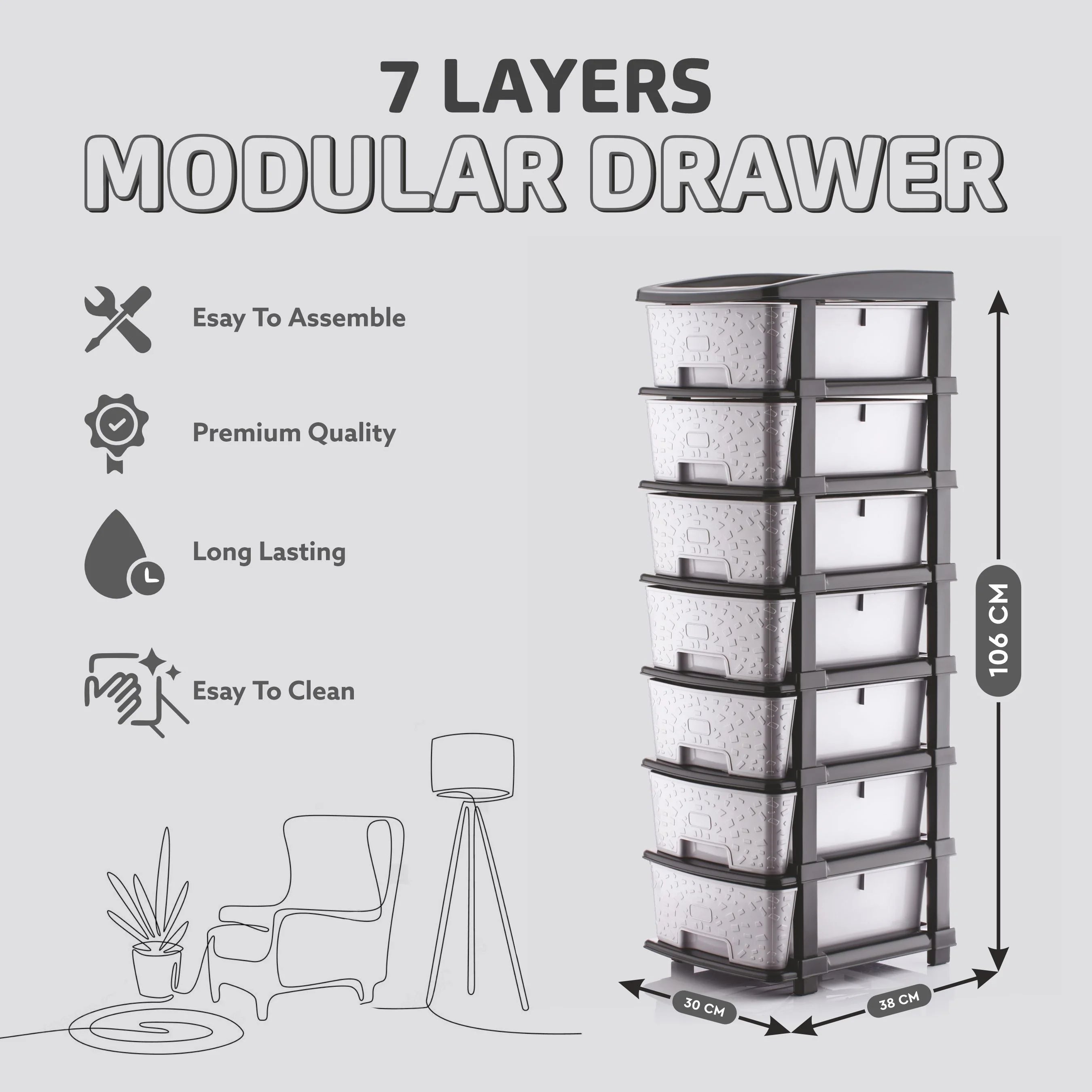 PALAK 7XL Stone Drawer Storage Unit (Grey)