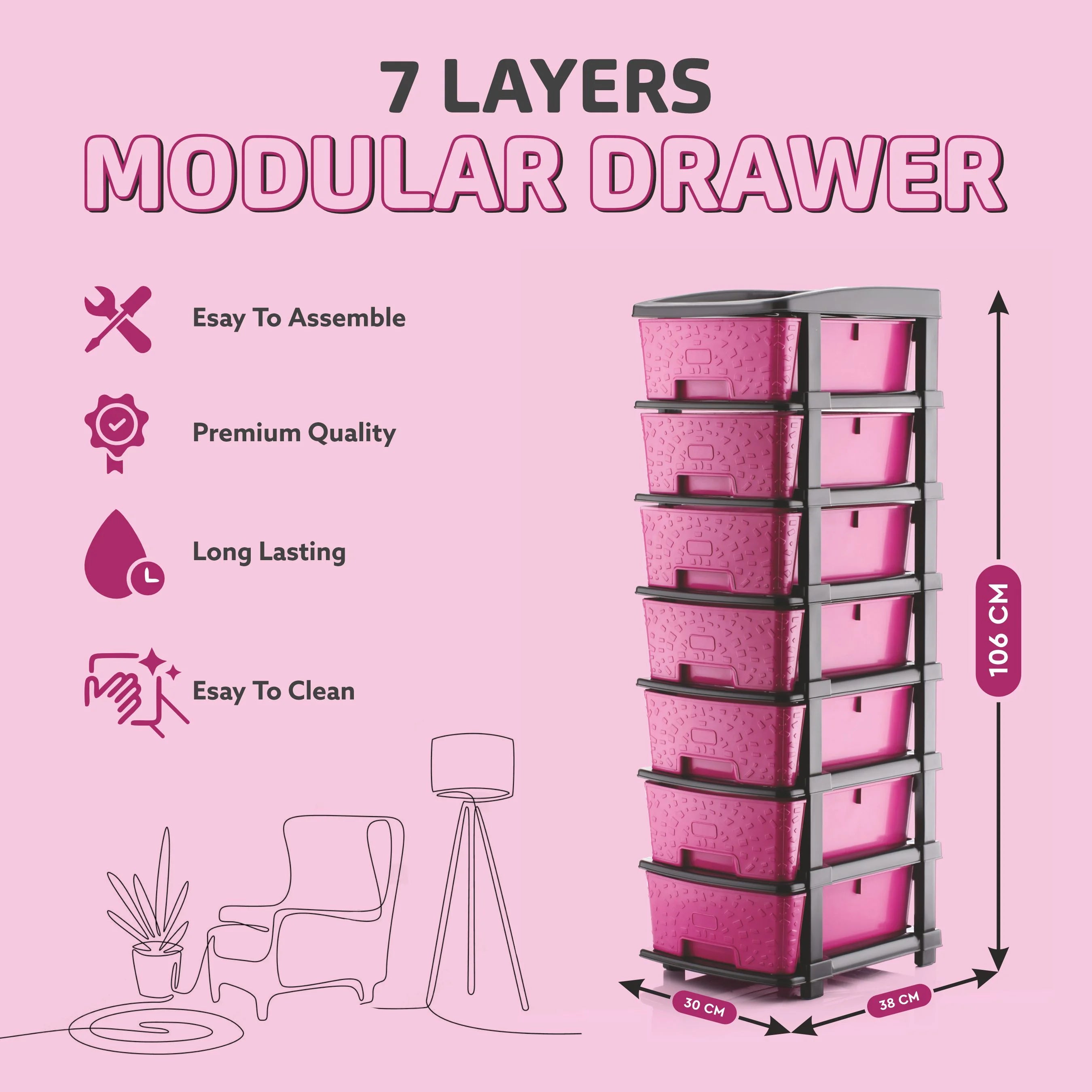 PALAK 7XL Stone Drawer Storage Unit (Pink)