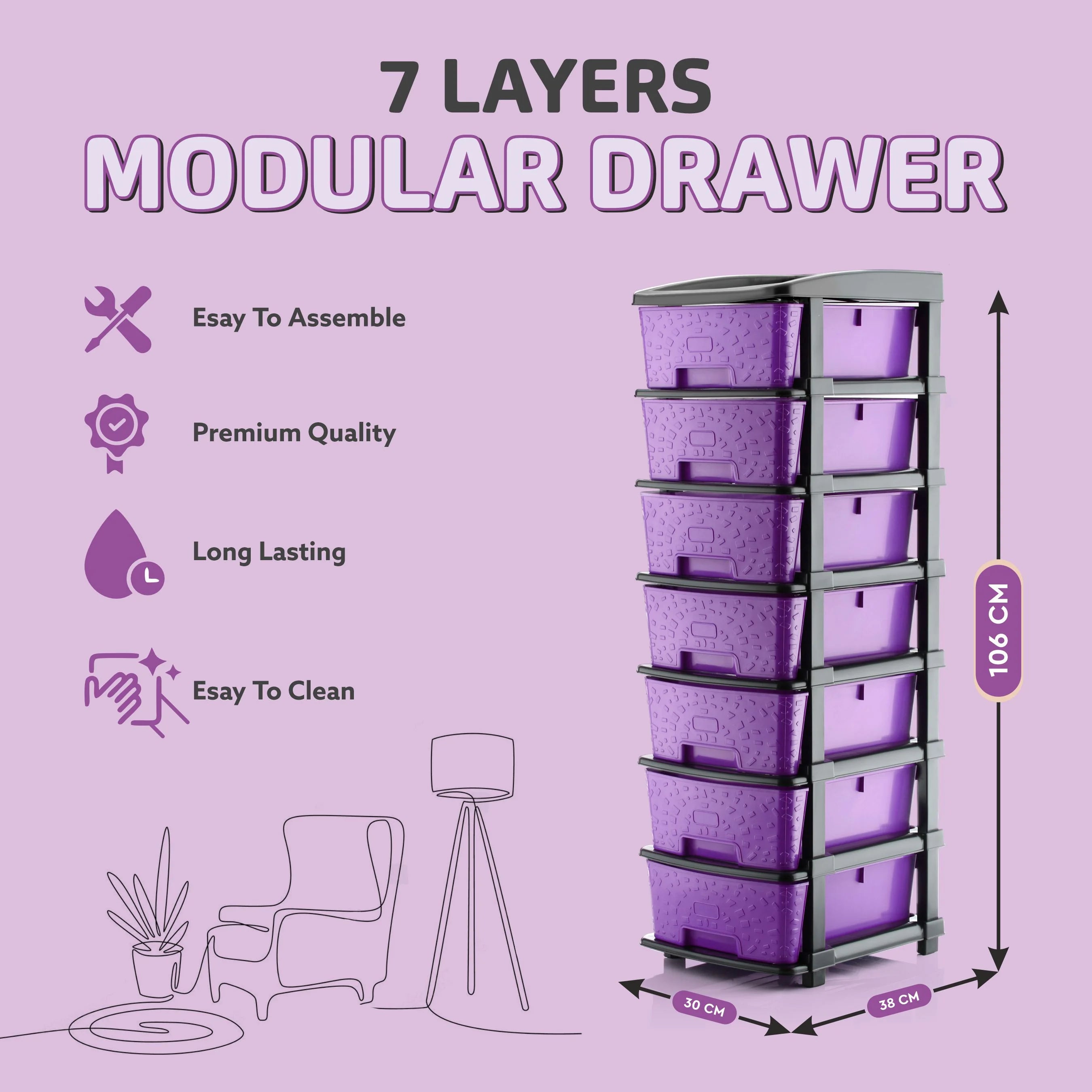 PALAK 7XL Stone Drawer Storage Unit (Purple)