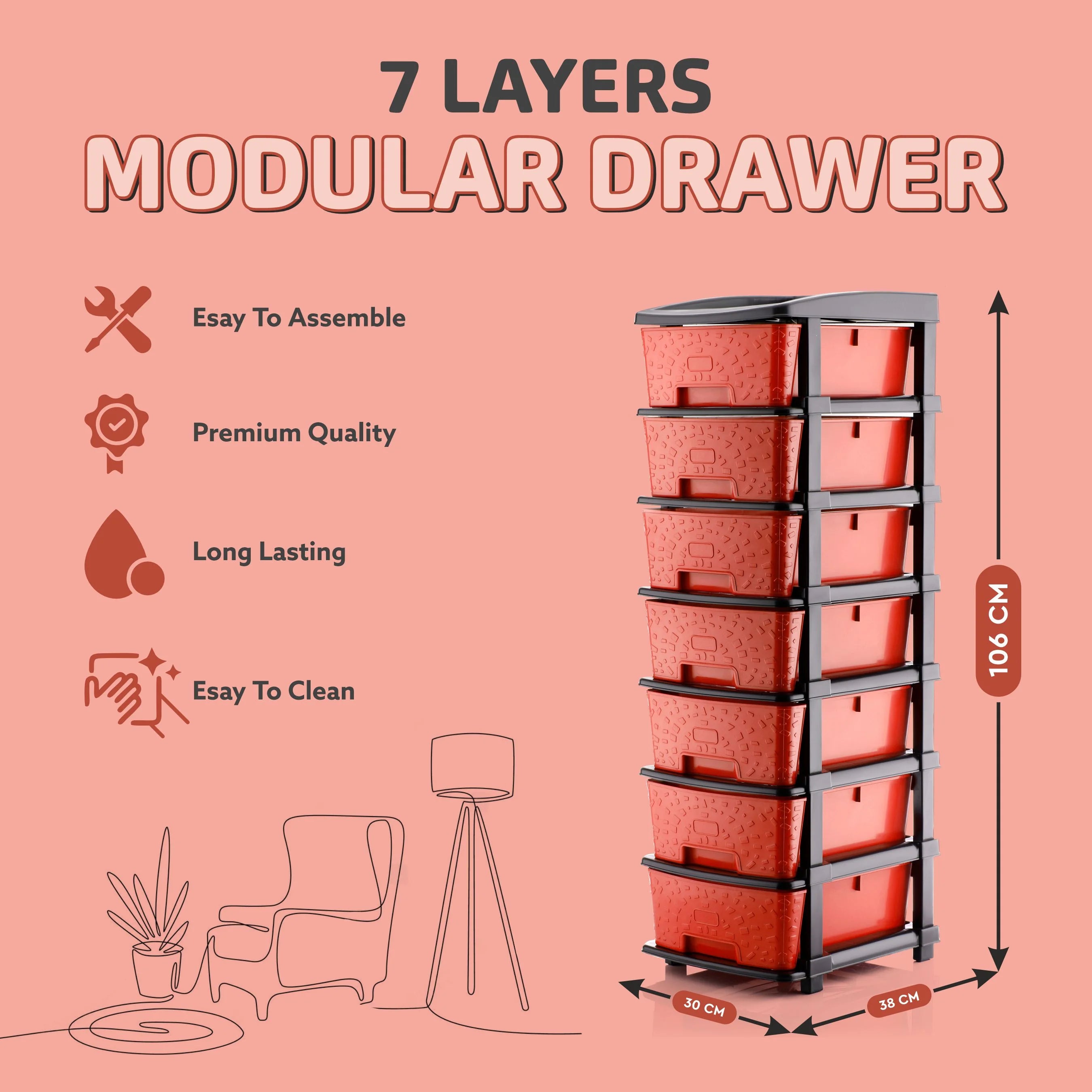 PALAK 7XL Stone Drawer Storage Unit (Red)