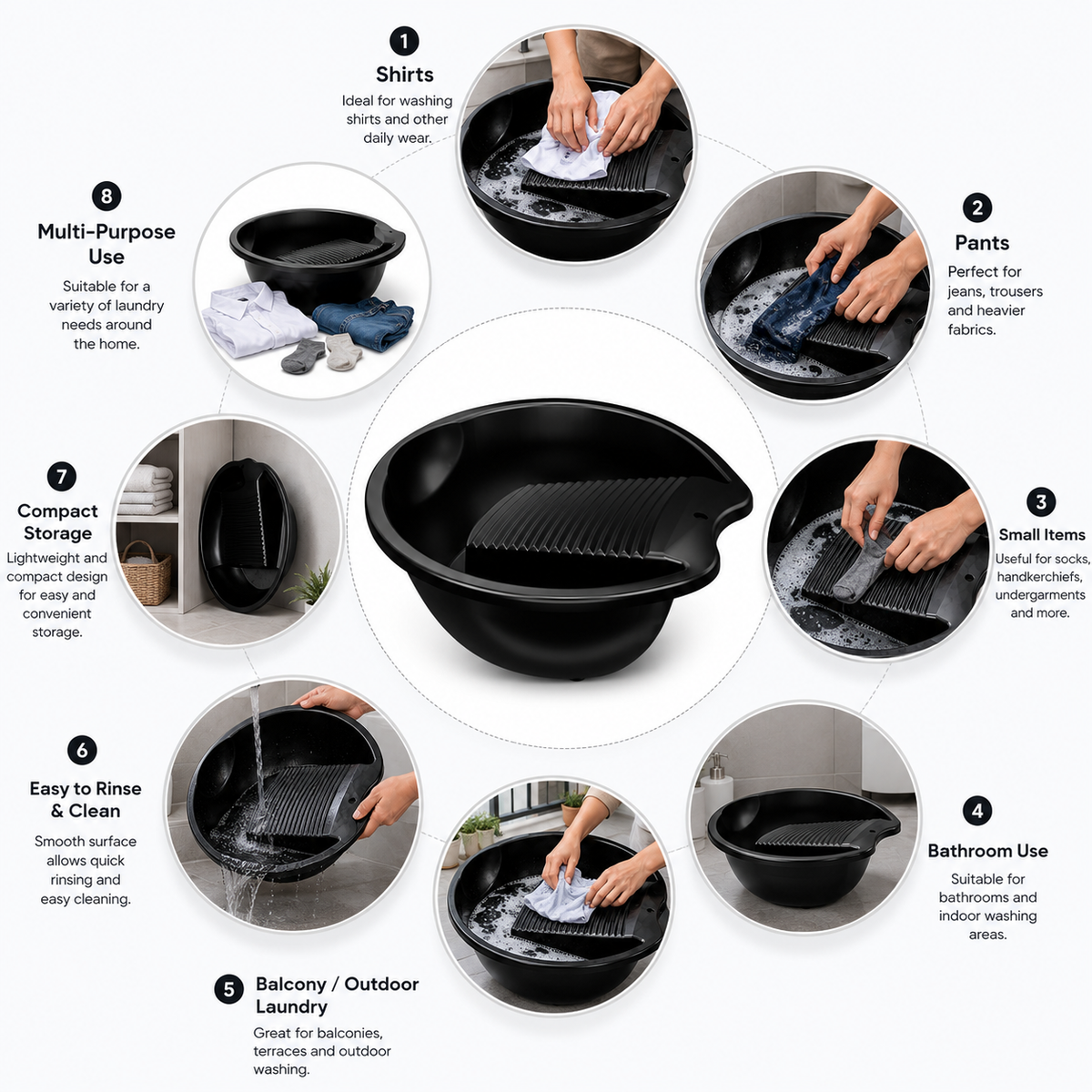 PALAK 12L Plastic Laundry Washing Tub with Built-in Washboard – Black
