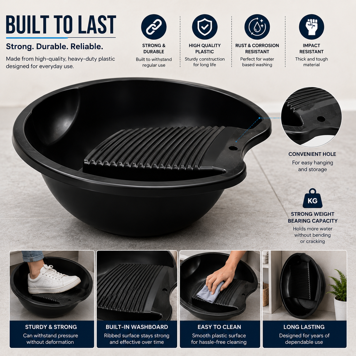 PALAK 12L Plastic Laundry Washing Tub with Built-in Washboard – Black