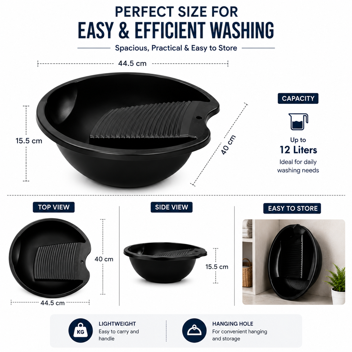 PALAK 12L Plastic Laundry Washing Tub with Built-in Washboard – Black