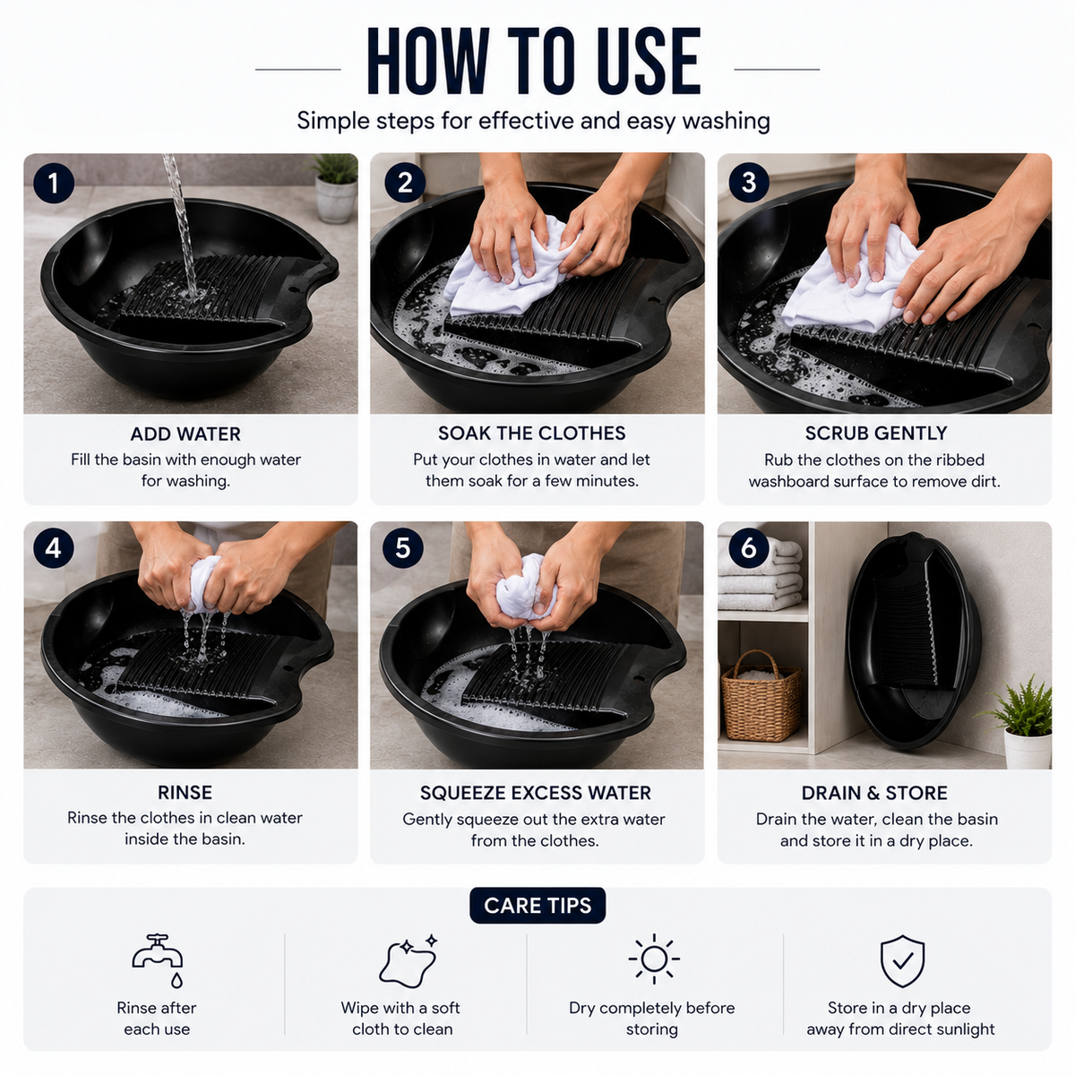 PALAK 12L Plastic Laundry Washing Tub with Built-in Washboard – Black